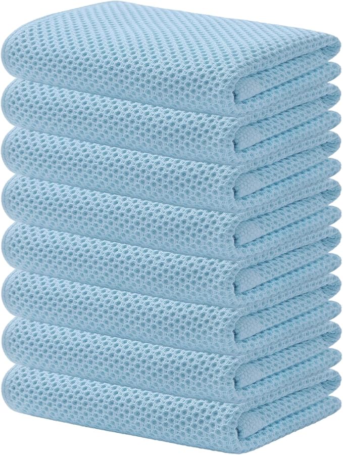 Kitinjoy 100% Cotton Waffle Weave Kitchen Hand Towels (13 X 28 Inches, Sky Blue), 8-Pack Super Soft and Absorbent Dish Towel for Drying Dishes