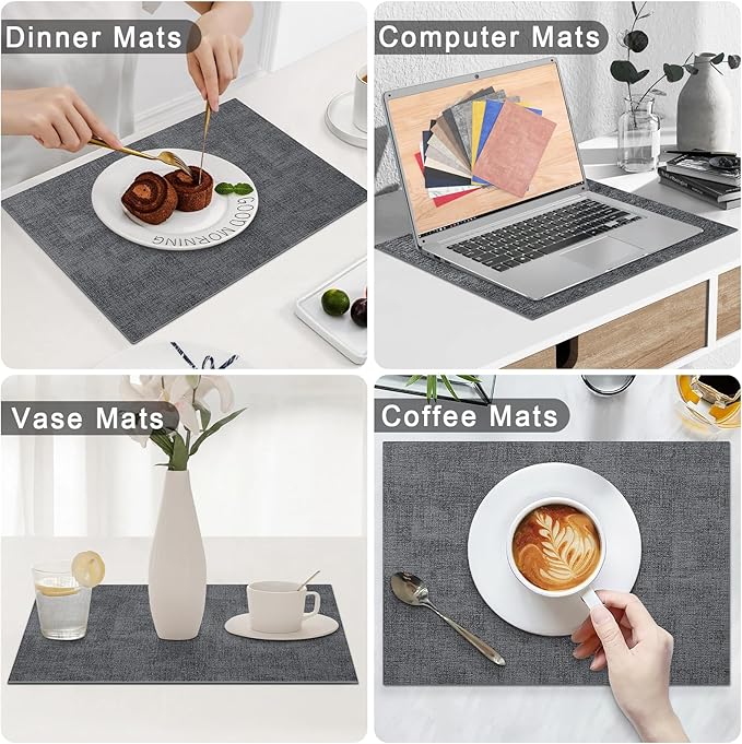 Homaxy Faux Leather Heat Resistant Placemats for Dining Table Set of 8, Waterproof Wipeable Washable PU Table Mats, Easy to Clean Anti-Slip Place Mats, 11.8" x 17", Dark Grey