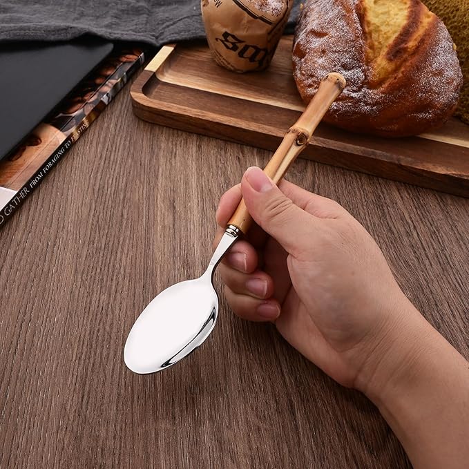 Bamboo Handle Silverware Set, 24-Piece Flatware Set for 6, Stainless Steel Cutlery Eating Utensils Include Forks Spoons and Knives for Daily Use and Party, Reusable and Modern Design