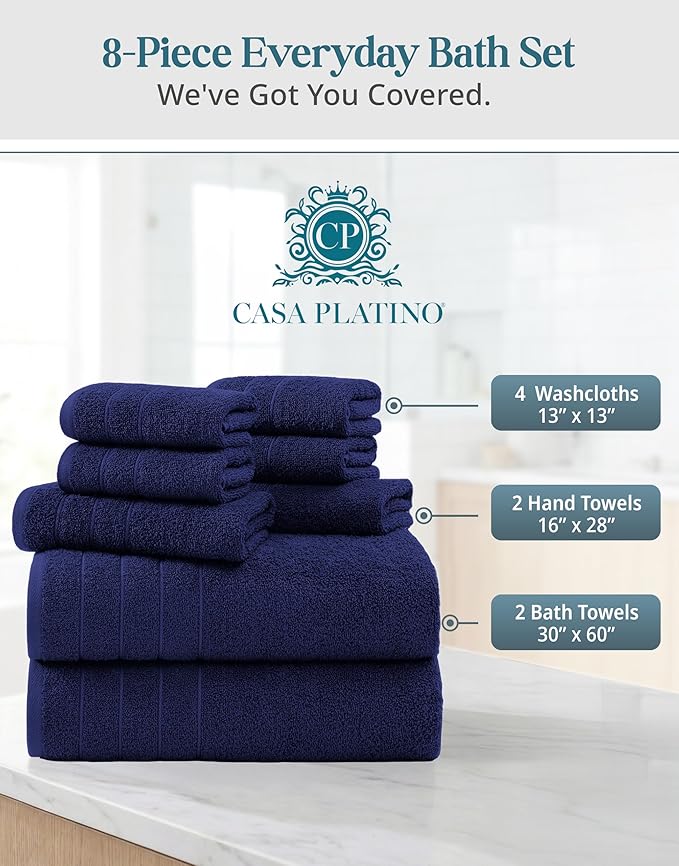Casa Platino 100% Cotton Bath Towels - 8 Pcs Luxury Set - Soft, Absorbent & Durable - 2 Bath, 4 Washcloths, 2 Hand Towels for Bathroom - Sustainably Produced & Designed for Everyday use - Navy Blue