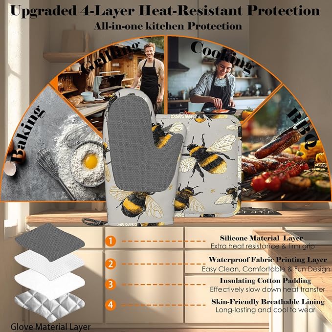 Happy Busy Bees Oven Mitts and Pot Holders Sets Non-Slip Silicone Surface for BBQ Gloves,Kitchen,Cooking,Baking,Grilling