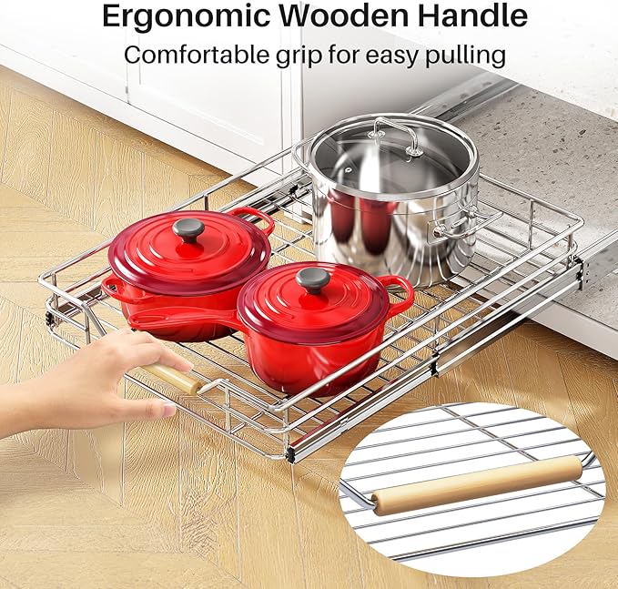 Pull out Cabinet Organizer, 18"W X 21"D, Heavy Duty Smooth Sliding Under Cabinet Shelves for Pots and Pans, Full-Extension Roll out Drawers, Slide out Organization for Home Kitchen Pantry