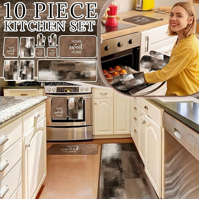 Fourluoo 10 Pcs Brown Kitchen Decor Farmhouse Oven Mitts and Pot Holders Kit Vintage Kitchen Dish Towels Modern Marble Pattern Oven Gloves for Home Decorations Baking Cooking Birthday Summer Gifts