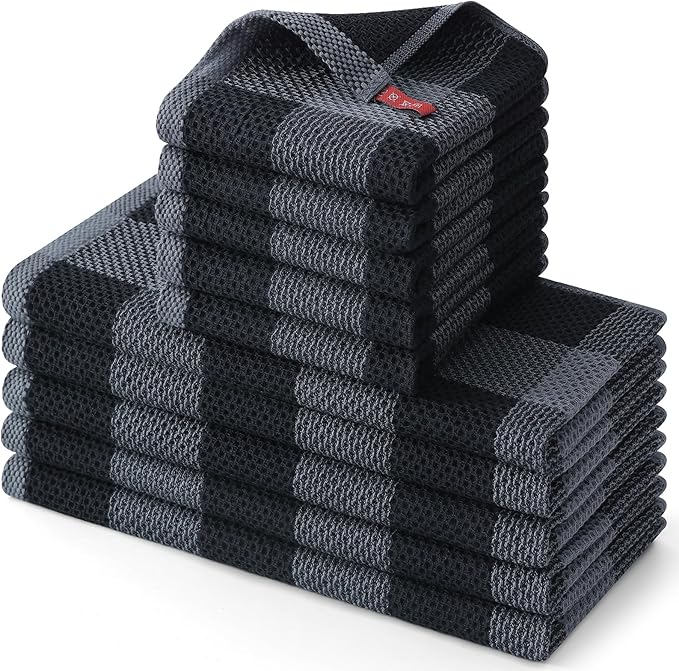 Homaxy Kitchen Towels and Dishcloths Set, 12 x 12 and 13 x 28 Inches, Set of 10 100% Cotton Waffle Weave Check Plaid Kitchen Dish Towels, Super Soft and Absorbent Dish Cloths, Black & Grey