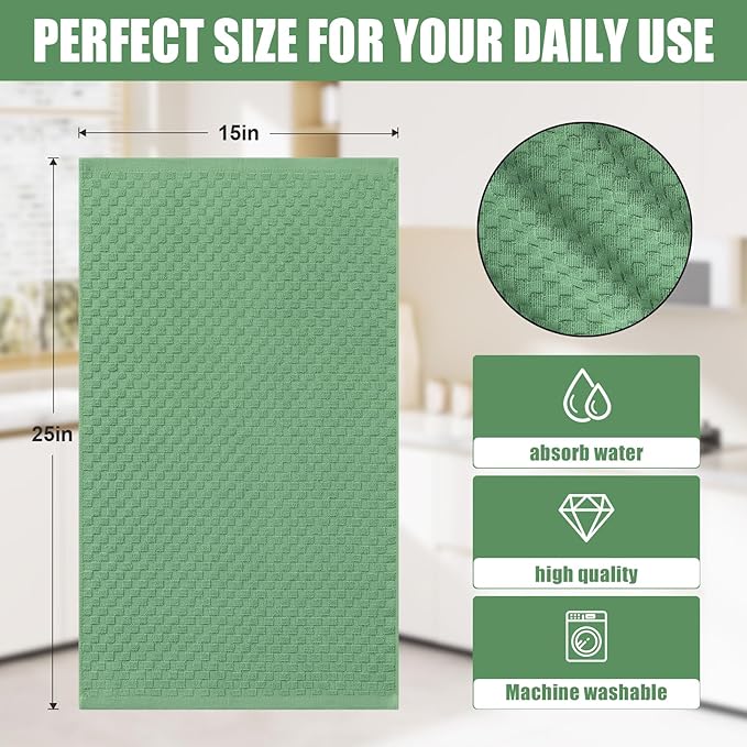 Homaxy 100% Cotton Terry Kitchen Towels(15" x 25", 12 Pack), Soft and Super Absorbent Dish Towels, 380 GSM Reusable Tea Towel with Hanging Loop, Pineapple Grid Designed, Grass Green