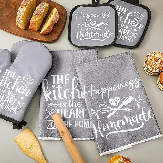 Sratte 6 Pcs Kitchen Decor Accessories Set Farmhouse Towels Pot Holders Oven Mitts Set 2 Dish Towels 2 Potholders 2 Cooking Mittens Oven Glove for Christmas Baking Cooking Supply(Gray,Kitchen)