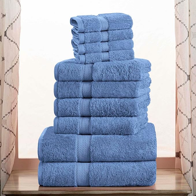 SUPERIOR Egyptian Cotton Pile 10 Piece Towel Set, Includes 2 Bath, 4 Hand, 4 Face Towels/Washcloths, Ultra Soft Luxury Towels, Thick Plush Essentials, Guest Bath, Spa, Hotel Bathroom, Denim Blue
