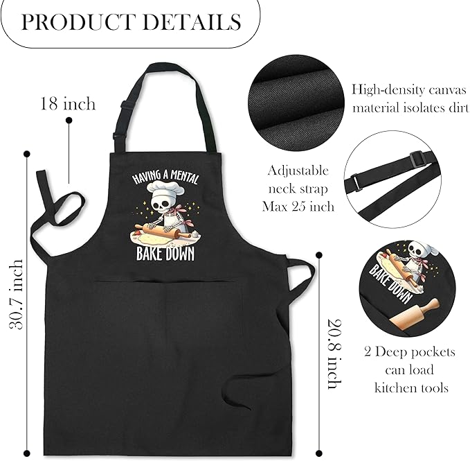 Funny Skeleton Baker Baking Apron with Pockets, Baking Lovers Bread Baker Gifts, Having a Mental Bake Down Waterproof Adjustable Cooking Apron for Kitchen Dishwashing Grilling