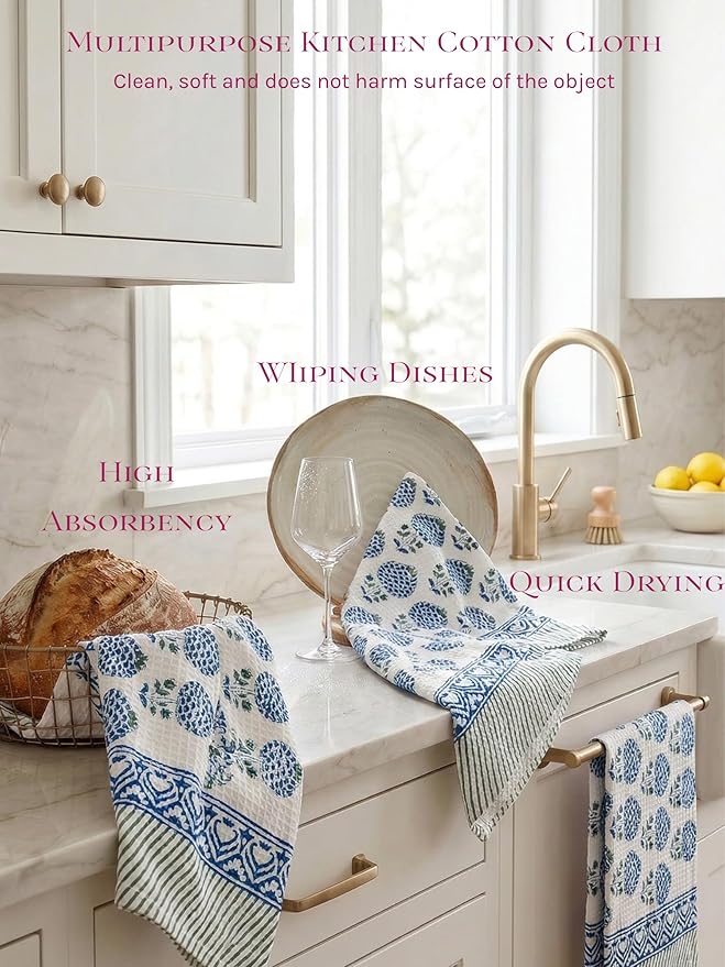 ATOSII 100% Cotton Hand Block Print Waffle Kitchen Towel, Set of 3, 18 x 26 Inches Ultra Absorbent Quick Dry Dish Towels, Lightweight Reusable Sustainable Tea Towels for Cleaning and Drying, Roma Blue