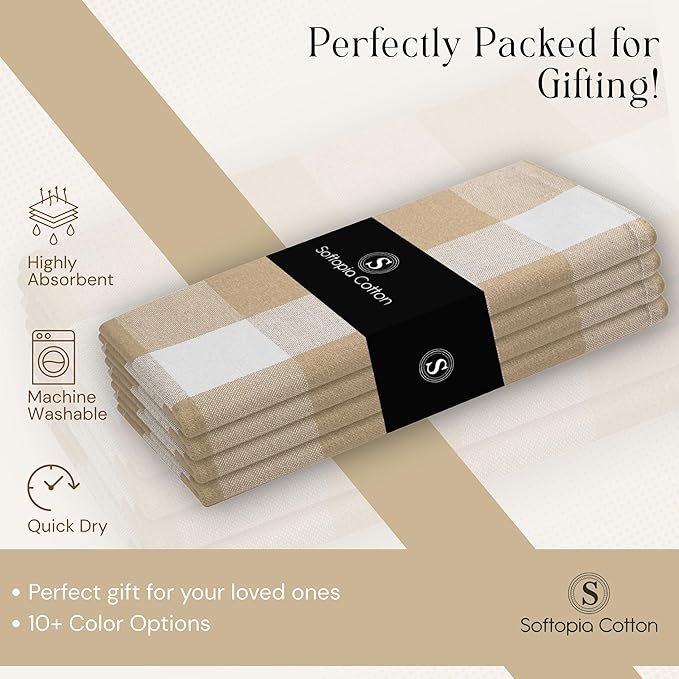 Buffalo Plaid Cloth Napkins, Set of 4, Soft, Durable, Wrinkle Free Fabric Napkins, Checked Napkins for Dinner, Wedding, Restaurant, Buffet, Party, Christmas - Beige, White (16"x16")