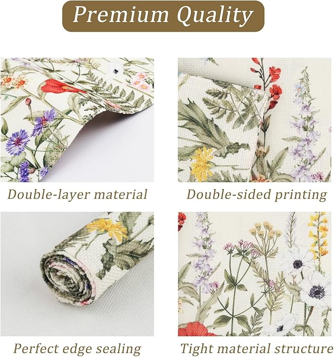 comfoyar Spring Wildflower Placemats Set of 4, 12x18 Inch Non-Slip Linen Antique Herbs and Wild Flowers Place Mats, Washable Absorbent Table Mats for Kitchen Dining Party Table Decoration
