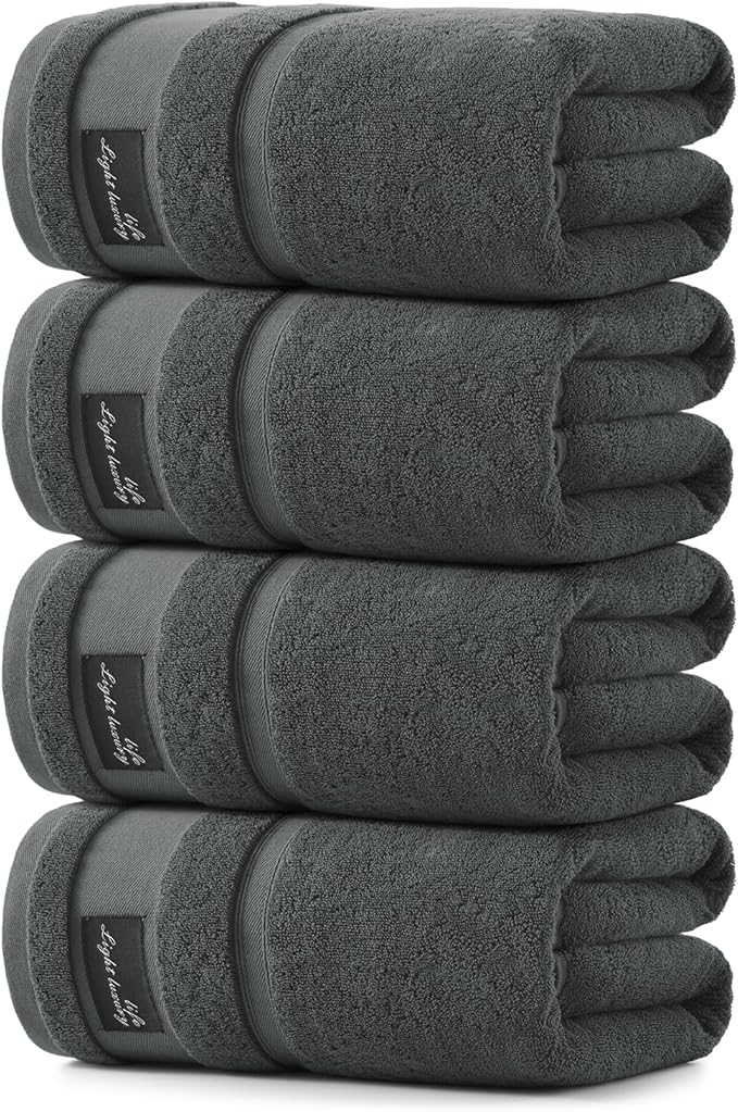 REDKISS 4 Pack Large Bath Towels Set, 100% Cotton, 31x63 in, Heavyweight 760G, Highly Absorbent & Quick Dry, Super Soft Luxury Towels for Bathroom,Hotel Collection - Dark Gray