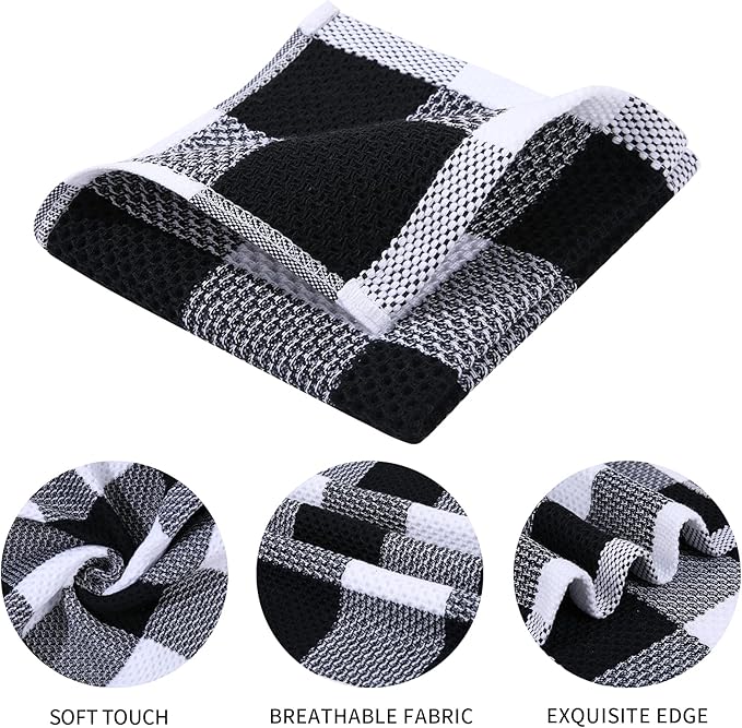 Mordimy 100% Cotton Waffle Weave Plaid Dish Cloths, 12 x 12 Inches, Super Soft and Absorbent Quick Drying Buffalo Check Dish Rags for Kitchen, 6-Pack, Black & White