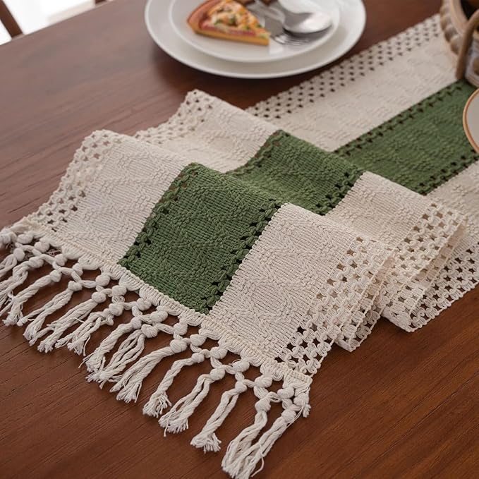 Niviy Dark Green Table Runner 90 Inches Long with Tassels, Seasonal Spring Summer Washable Embroidered Striped Braided Green and Beige Boho Table Runners for Holiday Party 12 x 90 Inches