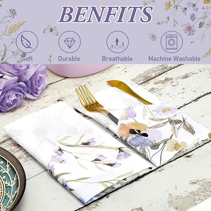 FuWeave Set of 12 Spring Wildflower Cloth Napkins Washable Decorative Dinner Cocktail Floral Napkins 20'' x 20'' Tea Party Decor for Spring Summer Bridal Shower Birthday Wedding Kitchen Supplies