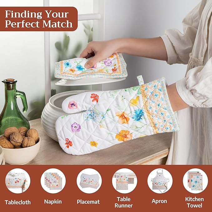 Maison d' Hermine Pot Holders 100% Cotton Heat Resistant Potholders 8" x 8" Hot Pads with Loop BBQ Cooking Baking Gifts for Mothers Day Handling Hot Pans Spring/Summer (Pack of 2, Summer Whisper)