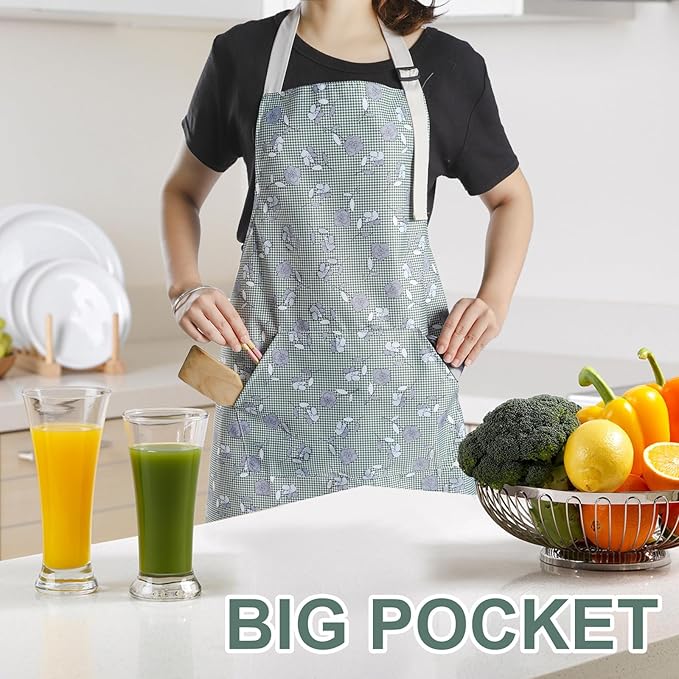 Apron for Women with Pockets, 3 PCs Waterproof Floral Apron with Adjustable Neck Strap for Cooking, Baking, Gardening, Art Craft