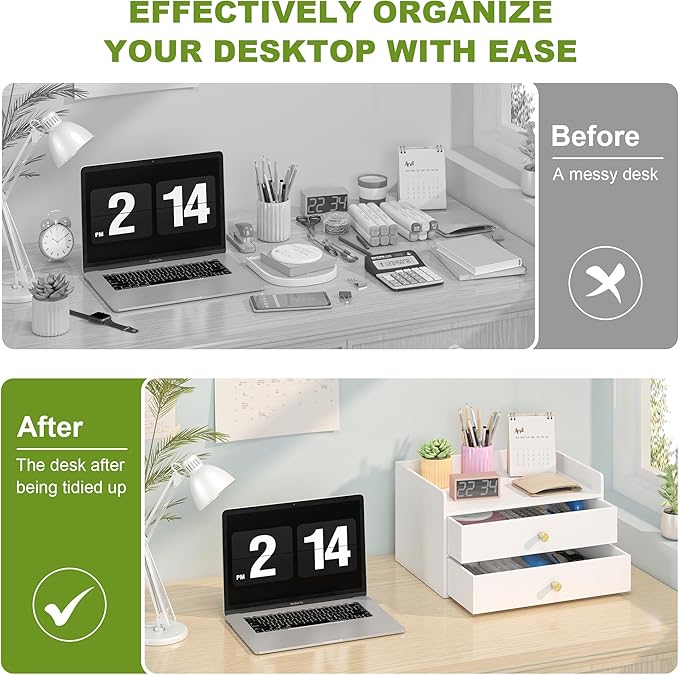 Bamboo Desk Organizer with Drawers Wooden Desktop Storage Drawers for Bills Office Supplies Kitchen Utensils Organizing Tool for Home Classroom Organization No Assembly (White, 2 Drawers)