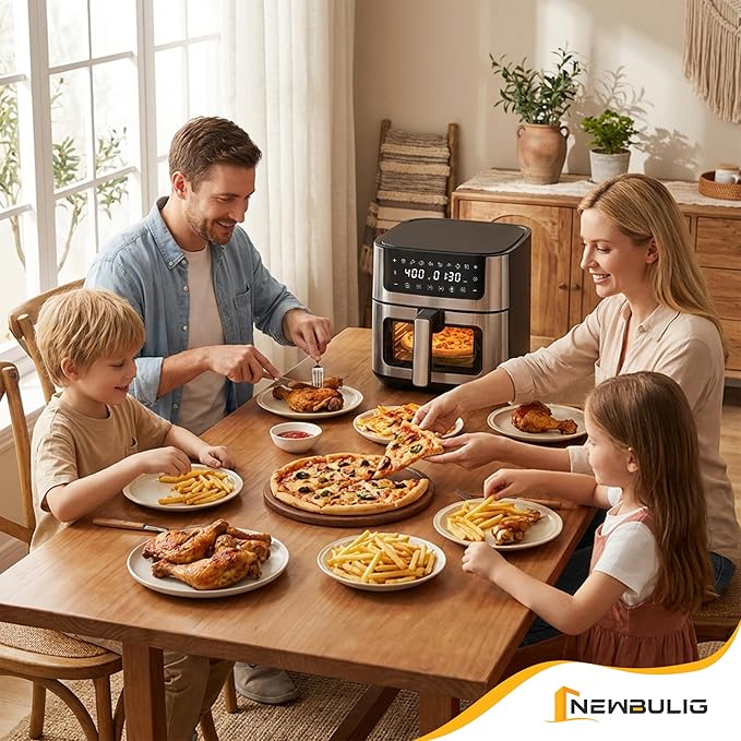 NEWBULIG Air Fryer 6.34QT, Airfryer with Visible Window, 400℉ Fast Heating Air Fryers Oven with Nonstick and Dishwasher-Safe Basket, 8-in-1 Cooking Preset, Timer，Auto-Off, Stainless Steel, Black