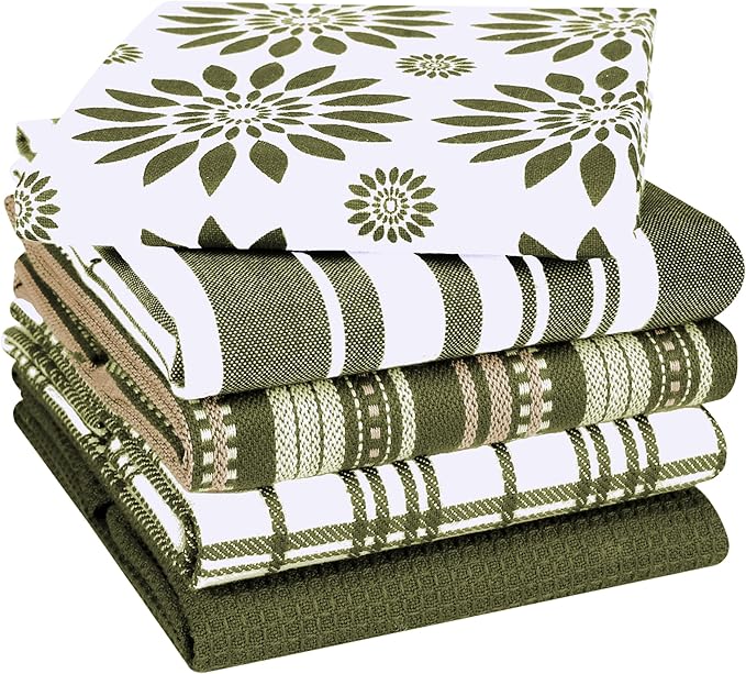 Assorted Kitchen Towels Large 16x26 inches 100% Cotton Set of 5 - Soft Absorbent Washable Tea Towel for Kitchen - Dish Cloths with Hanging Loop - Quick Drying Dish Towels Green