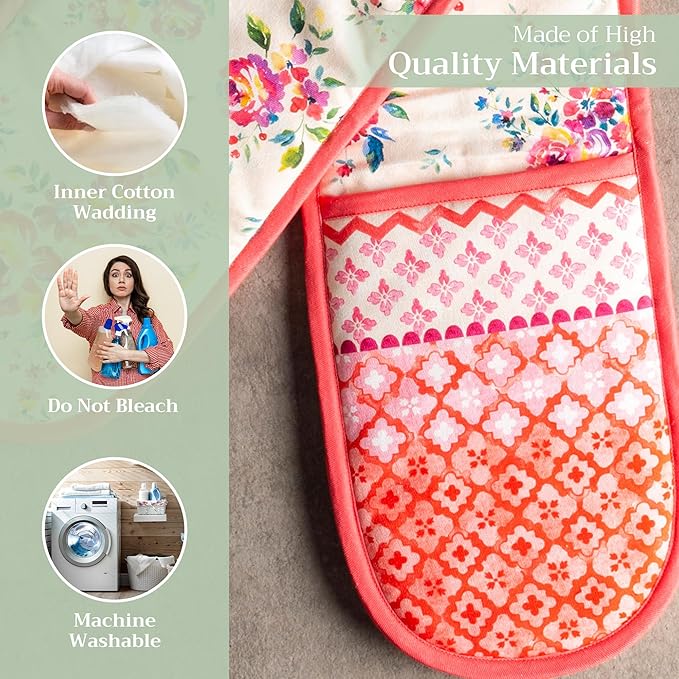 Maison d' Hermine Double Oven Mitts 100% Cotton 7"x35" Double Oven Mitt Heat Resistant BBQ Cooking Gloves with Loop Baking Grilling Gifts for Mothers Day Spring Summer (Rose Garden)