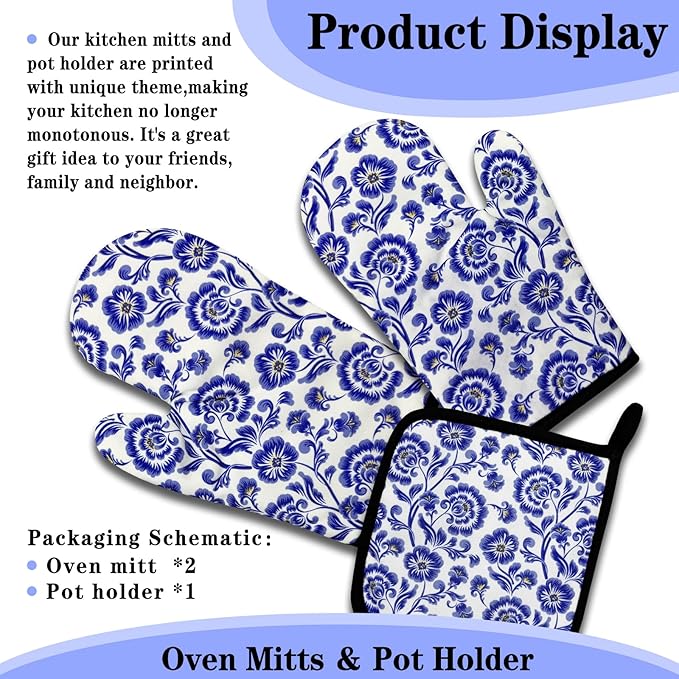 Funny Chinoiserie Floral Oven Mitts and Pot Holders Set of 3, Blue and White Porcelain, Heat Resistant Non-Slip Kitchen Mitts Hot Pads, Kitchen Decor Gifts for Women Baker Chinoiserie Lover