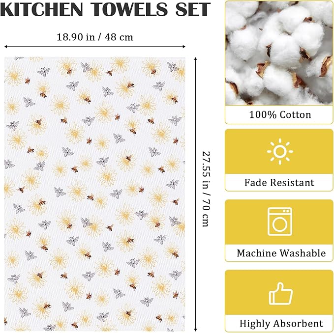 Spring Summer Honeybee Tea Towels, Cotton Kitchen Towel 18.9 × 27.5 inch, Quick Drying Dish Cloth for Party Anniversary Holiday Decoration, Housewarming Gifts for Mom