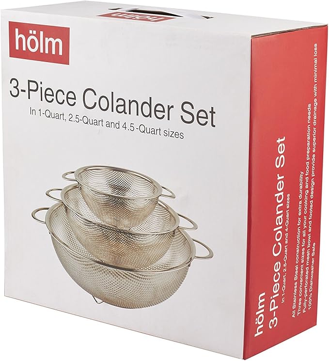 3-Piece Stainless Steel Mesh Micro-Perforated Strainer Colander Set (1-Quart, 2.5-Quart and 4.5-Quart)