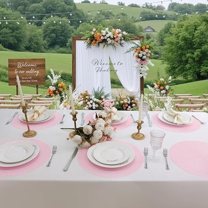 Snowkingdom Pink Easter Placemats Set of 8, Vinyl Hollow 15 Inch Light Pink Spring Round Place mats, Easy Clean Washable Wipeable Dining Table Mats for Mothers Day Wedding Christmas Party Decoration