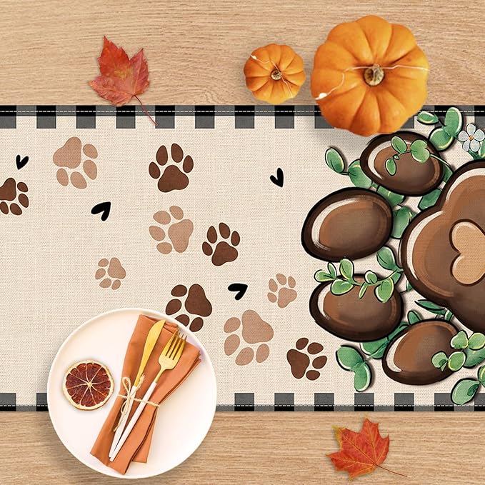 Cat Dog Paw Prints Table Runner, Buffalo Plaid Check Farmhouse Kitchen Dining Table Decoration Pet Lover Gifts, Eucalyptus Leaves Burlap Indoor Outdoor Home Decor Party Supply 13 x 90 Inches