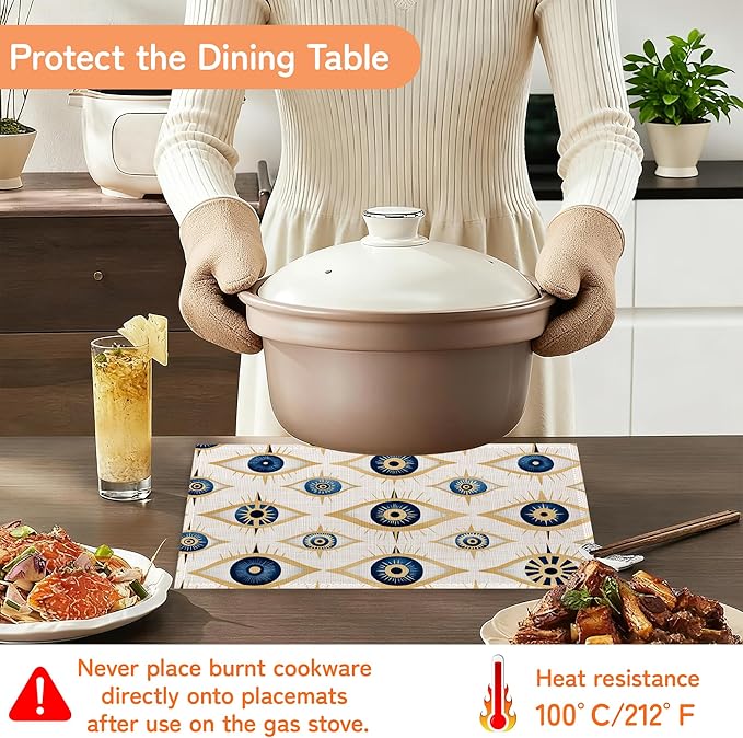Evil Eye Table Mats Set of 6,Non-Slip Washable Placemats for Restaurant Home Kitchen Dinner Table 12x18Inch
