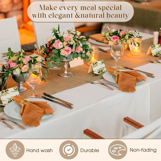 TURSTIN 12 Pieces Cotton Linen Cloth Napkin Handmade Cloth Napkin with Fringe 17 x 17 Inch Soft Dinner Wedding Napkins Square Rustic Fringe Table Napkins for Dinners, Parties, Weddings, Terracotta