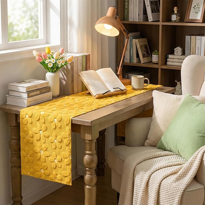 Artoid Mode Yellow Soft Plush Faux Fur Jacquard Embroidery Daisy Spring Table Runner, Kitchen Dining Table Decoration for Home Party Decor 13x36 Inch