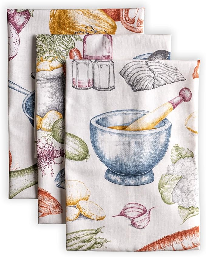 Maison d' Hermine Kitchen Towels Set of 3 100% Cotton 27.50" x 20" Reusable Cloth Tea Dish Towels Absorbent with Hanging Loop for Kitchen Gifts for Mothers Day Spring/Summer (Gastronomie)