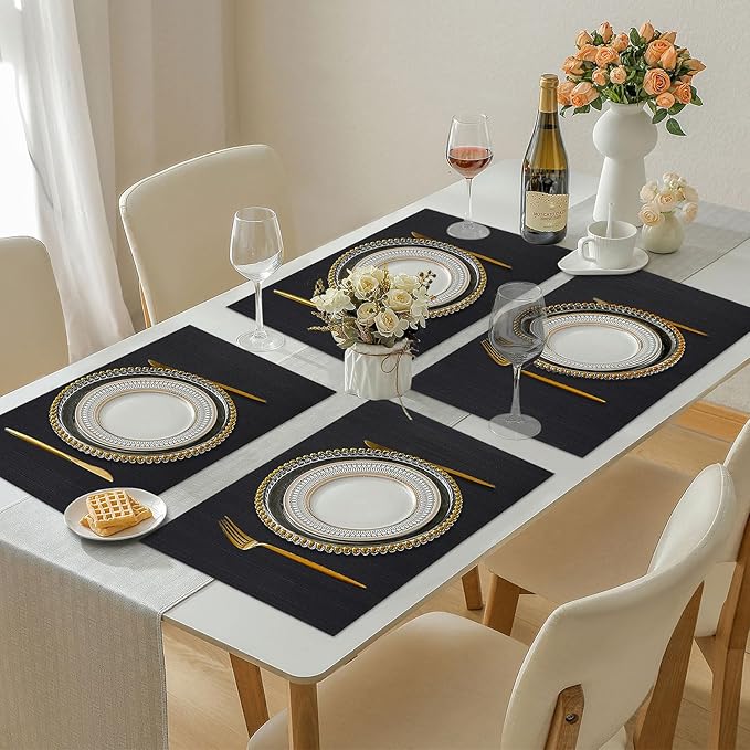 Vinyl Placemats Set of 8, PVC Woven Washable Non-Slip Table Mats, Heat Resistant Wrinkle Free Place Mats for Dining Table, Easy to Clean (8, Black)