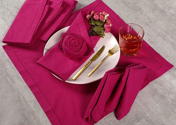 Lightnpro Decorative Cloth Dinner Napkins with Hemstitched, Wedding, Cocktail & Party Napkins, Mitered Corners, Machine Washable, 12 Elegant Table Napkins for Special Occasions - 18x18 Inch Magenta