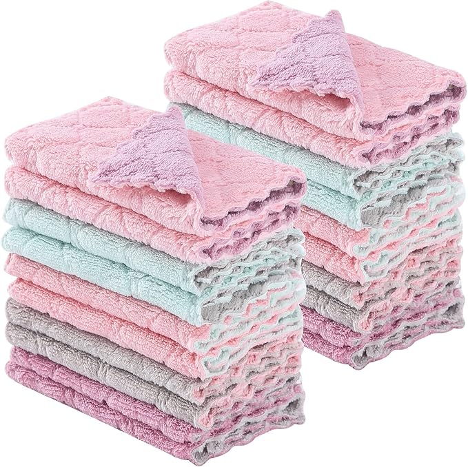 GADIEDIE 20 Pack Kitchen Dish Cloths Dish Towels,Super Absorbent Coral Fleece Cloth,Premium Cleaning Cloth,Nonstick Oil Washable Fast Drying Dish Rags for Clean Table,Dish,Glass（5Colors 6"x10"）
