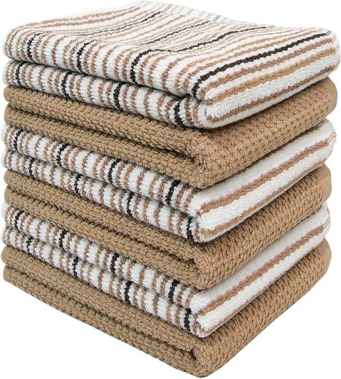 Kitchen Towels 16”x 26” - 6 Pack | Large Cotton Dish Towels | Popcorn Stripe Design | 430 GSM Highly Absorbent with Hanging Loop | Tan