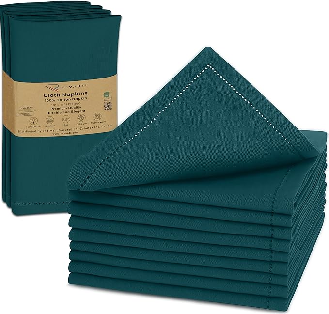 Ruvanti Cloth Napkins Set of 12, 100% Cotton High GSM 18x18 Inches, Hem Stitched Corners, Soft, Washable, Highly Durable & Absorbent, Perfect for Parties, Christmas, Thanksgiving Dinners – Deep Teal
