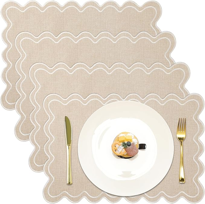 Set of 4 Cotton Linen Placemats, 13x19 Inch Scalloped Wavy Embroidery Placemat Double Layered Washable Rustic Rectangle Dinner Table Mats for Kitchen Wedding Home Party Decor(Beige)