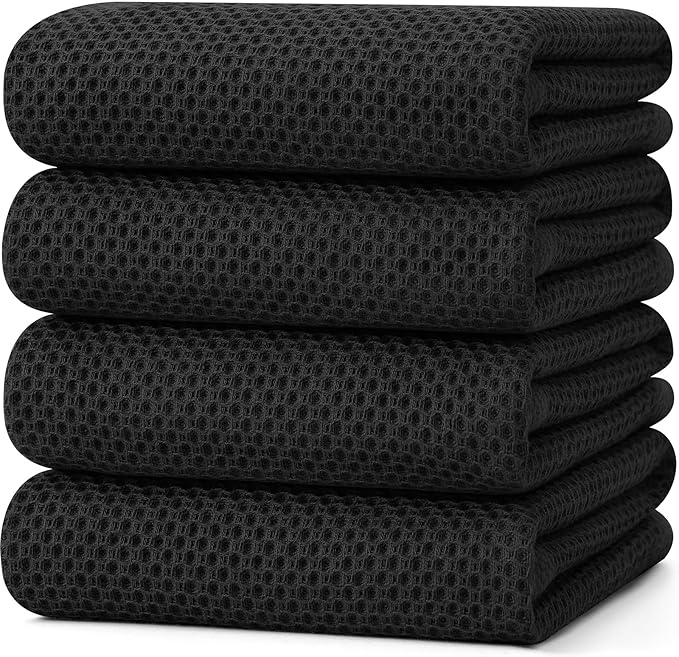 Kitinjoy 100% Cotton Waffle Weave Kitchen Towels (20 X 28 Inches, Black), 4-Pack Super Soft and Absorbent Dish Towel for Drying Dishes