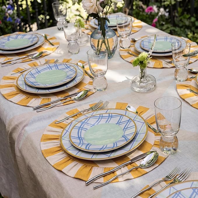 4 Pcs 15 Inch 100% Cotton Scalloped Round Placemats, Thin Yellow & White Stripes Place Mats with Ruffle, Washable Placemats Table Mats for Kitchen Dining Holiday Gatherings Decor