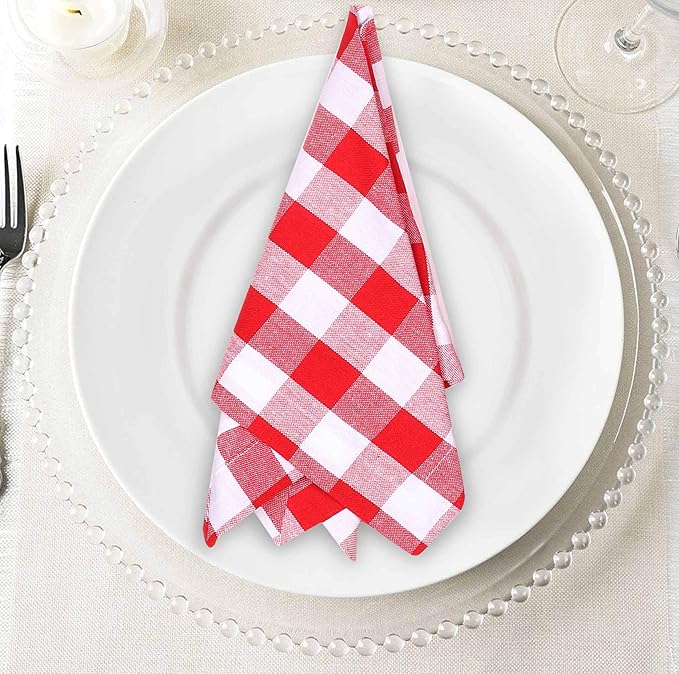 Cloth Napkins 18”X18” 100% Cotton Decorative Washable Gingham Buffalo Check Plaid Table Napkin for Kitchen, Party, Wedding, Restaurant & Camping - Red White (Set of 12)