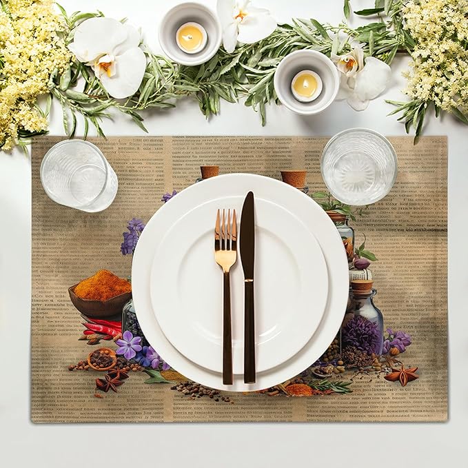 Retro Herbs Linen Placemat Set Brown Dining Table Mat 4pc for Home Indoor Outdoor Decor