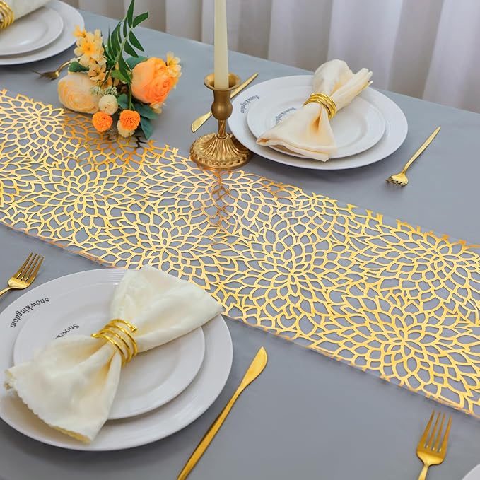 Snowkingdom 2 PCS Gold Spring Easter Table Runner 108 Inches Long, Gold Bloom Sequin Glitter Flower Floral Table Decor for Winter Holiday Dining Kitchen Party Valentine's Day New Year Home Decorations