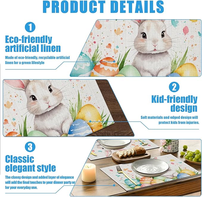 Easter Rabbit Eggs Placemats Set of 6, Washable Linen Place Mat Heat Resistant Non Slip Kitchen Dining Table Mats 12x18 Inch