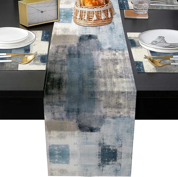 Emvency Farmhouse Table Runner and Placemats Set of 6, Cotton-Linen Abstract Blue and Grey Painting Art Dining Table Decor for Daily Use(1 Table Runner 72 inches Long and 6 Placemats)