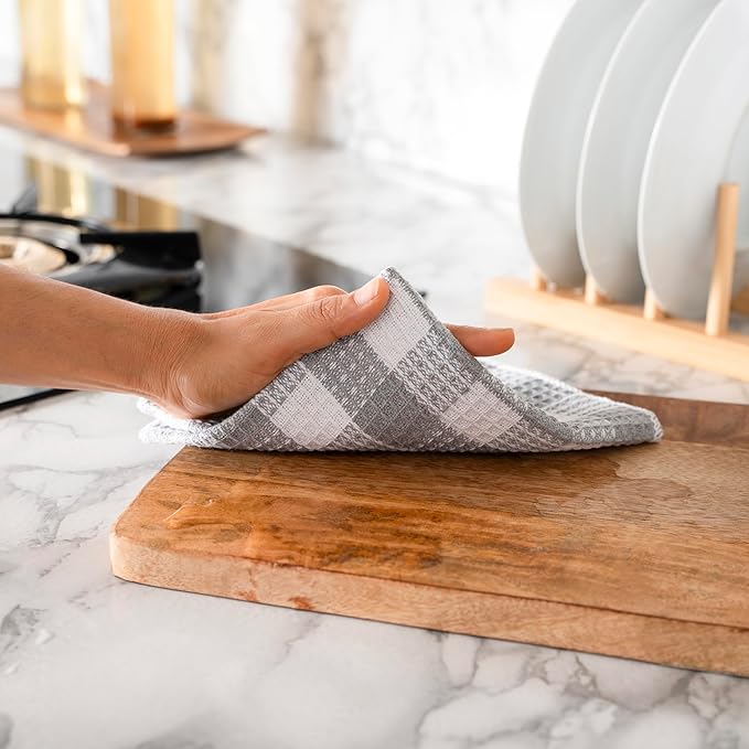 Blue Needles Set of 8 Waffle Weave Check Plaid Dish Cloths, 12x12 Inches 100% Cotton Dish Towels for Kitchen, Ultra Soft & Absorbent Kitchen Towels for Quick Drying Spring Summer - Ash Grey & White