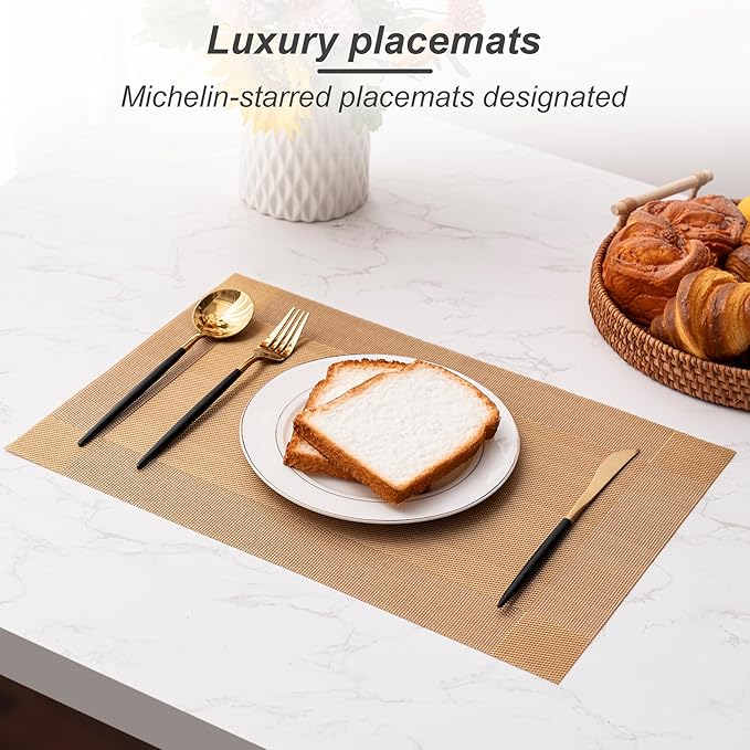 CADONO Placemats Set of 6 Washable Indoor/Outdoor Vinyl Place Mats for Dining Table Durable Non-Slip Heat Resistant PVC Weave Table Mats（Gold Cube）