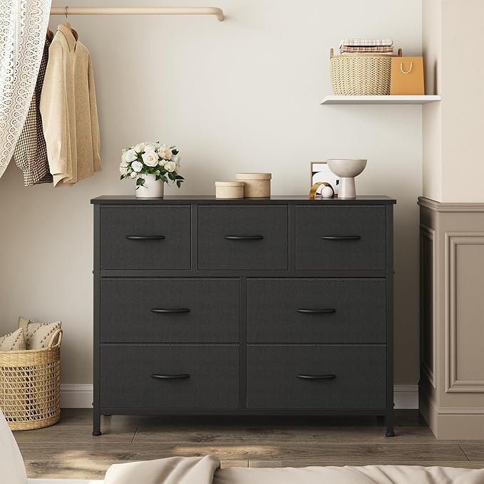 OLIXIS Dresser for Bedroom, 7 Storage Drawers, Wide Fabric Closet Chests Organizer Tower Furniture, TV Stand with Wooden Top Metal Frame for Clothes, Living Room, Hallway, Entryway, Black